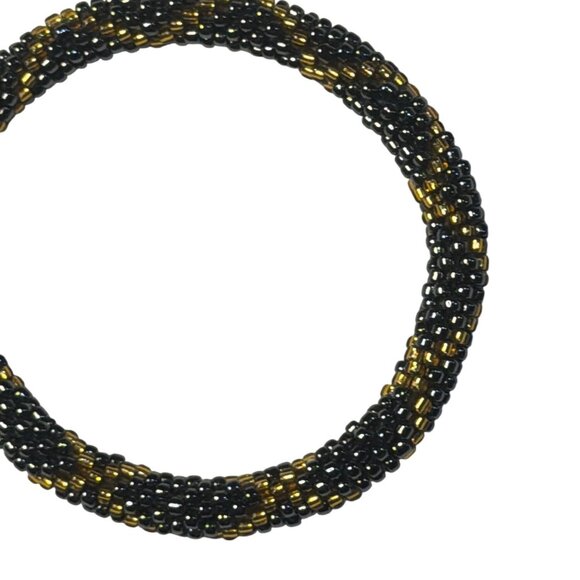 Sashka Bracelet Handmade Bohemian Chic Crochet Beaded Roll-On Black Yellow 3" - Picture 2 of 3